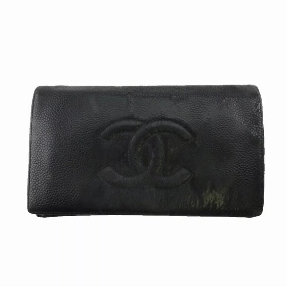 CHANEL Wallet Coco Mark Caviar Skin Authentic USED L3683 - Picture 1 of 11